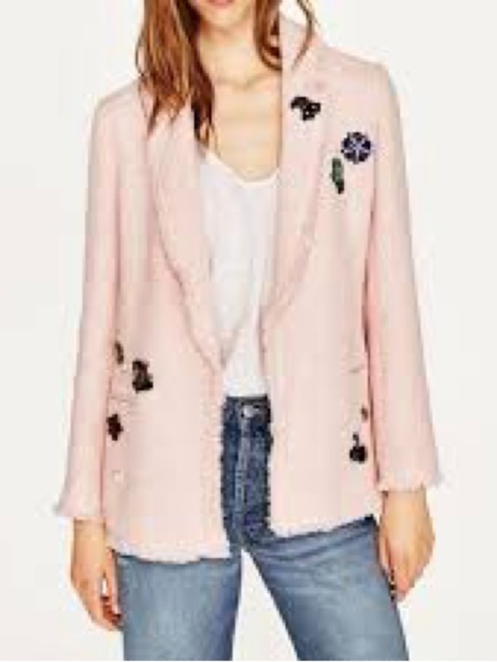 Zara Light Pink Embroidered Open Blazer